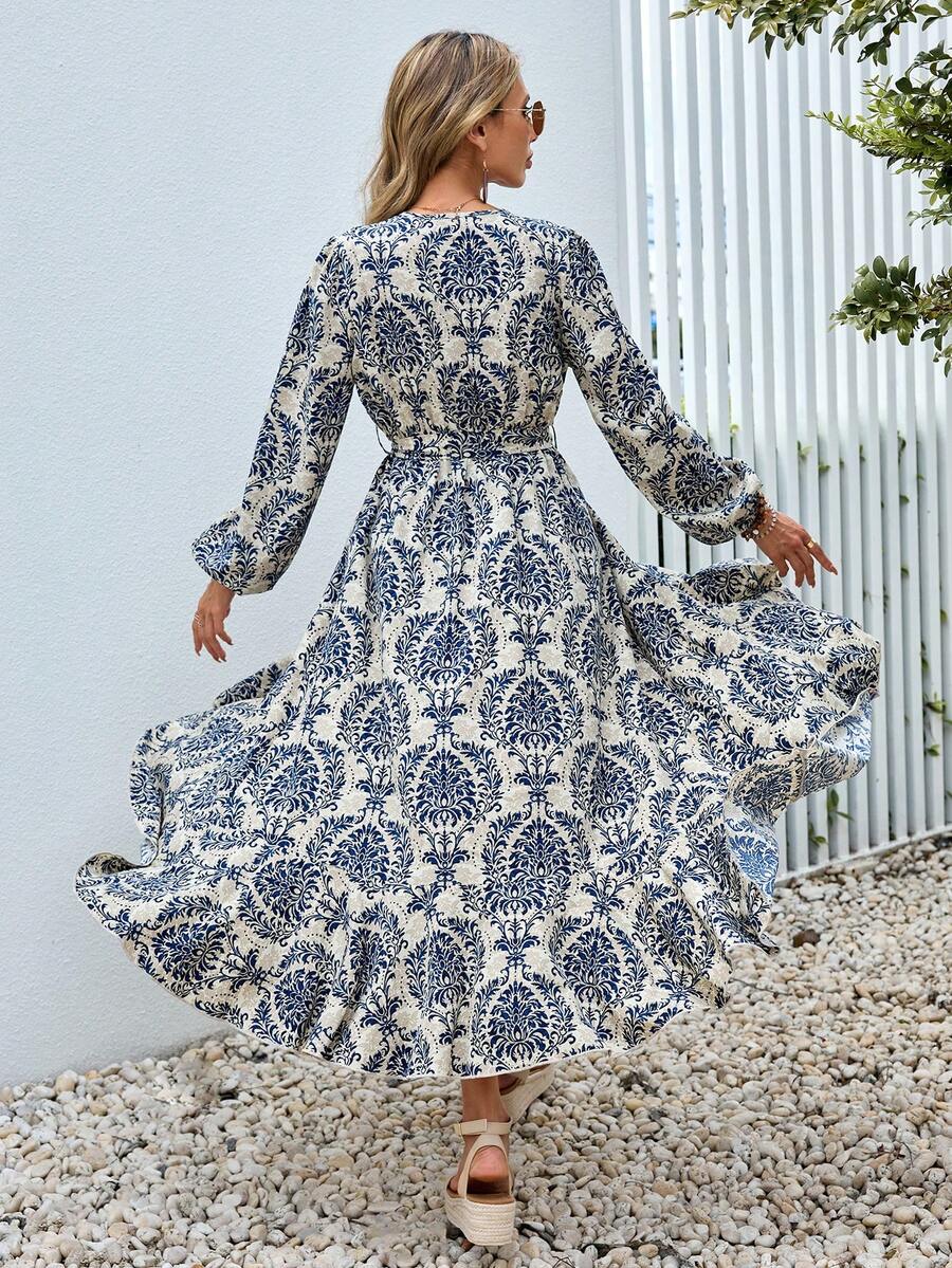 SHEIN VCAY Allover Print Belted Wrap Dress - Multicolor - View 1