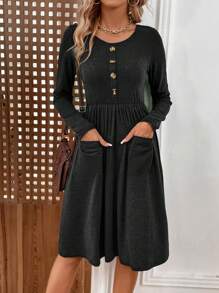 SHEIN LUNE Dual Pocket Button Detail A-line Dress - Black - View 2
