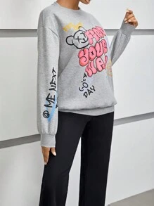 SHEIN EZwear Slogan & Cartoon Graphic Drop Shoulder Sweatshirt