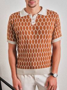 SHEIN Nam Họa tiết Toàn thân Cổ Polo Knit ngọn - Lạc đà - Xem 5