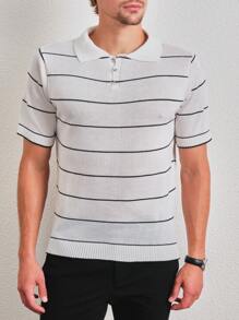 SHEIN 男士條紋圖案Polo領針織上衣 - 白色 - 查看 4