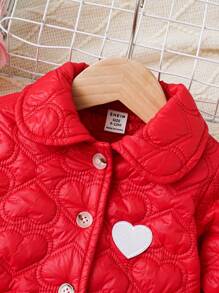 SHEIN Baby Girls' Vintage And Cute Heart Shaped Label Embellishment, Bow Tie, Thicken Fleece Collar, Casual Coat For Outdoor Activities In Fall And Winter - Red - View 3