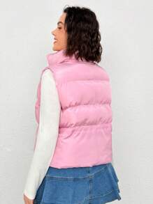 SHEIN EZwear 大碼腰部抽繩拉鏈開襟羽絨背心大衣 - 粉色 - 查看 3
