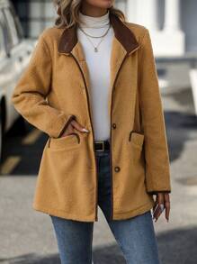 Chiquease 素色前紐扣外套 - 駝色 - 查看 3