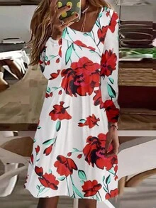 Floral Print Asymmetrical Neck Dress - Red - View 1