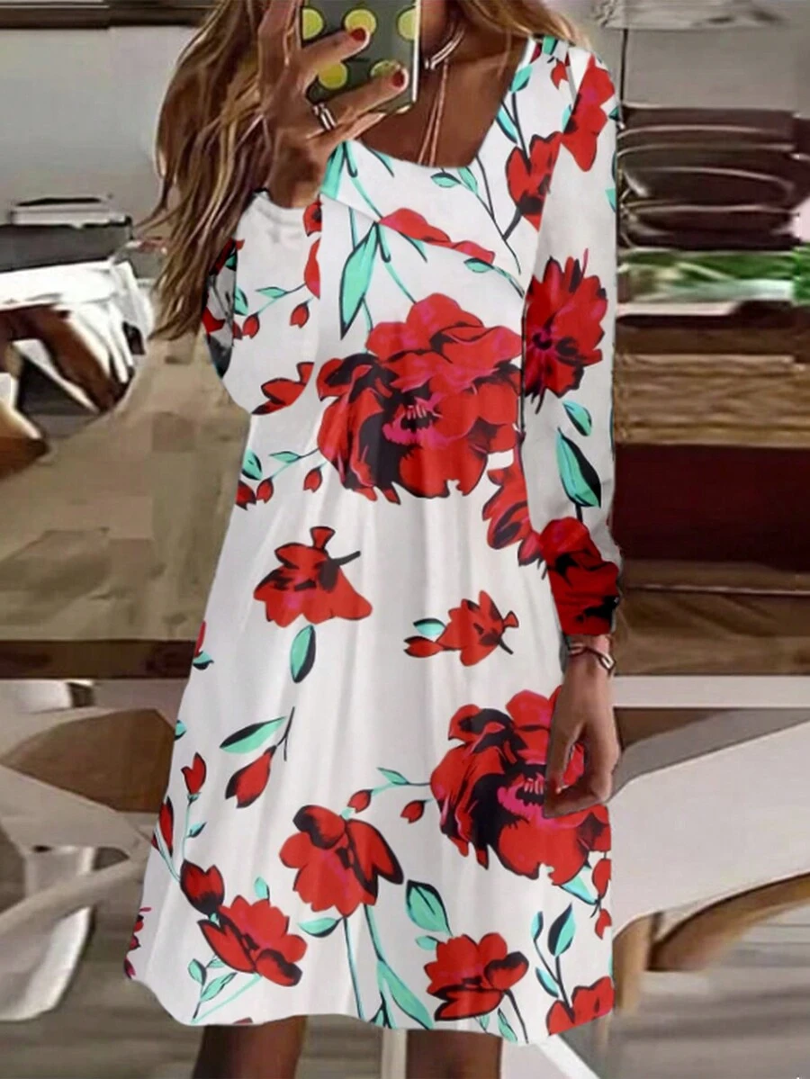 Floral Print Asymmetrical Neck Dress - Red - View 1