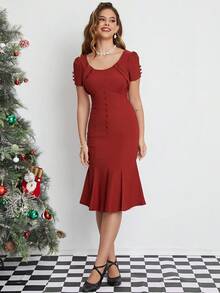 MUXXN 1950年代復古裙子,甜蜜心形領口,人魚裙設計,適用於工作及雞尾酒會筆裙裙式 - 紫紅色 - 查看 3