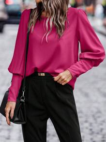 SHEIN Clasi 素色後紐扣燈籠袖襯衫 - 玫紅色 - 查看 5