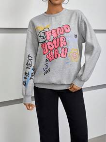 SHEIN EZwear Slogan & Cartoon Graphic Drop Shoulder Sweatshirt