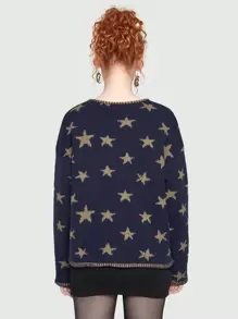 ROMWE Hippie Star Pattern Drop Shoulder Cardigan, School,Ladies Late Fall Casual Button,Pocket Drop Shoulder Round Neck Regular Fit Navy Blue All Over Print,Geometric Women Cardigans,Casual Daily Wear - Navy Blue - View 3