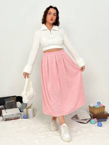 SHEIN EZwear 大碼褶皺燈芯絨喇叭半身裙 - 藕粉色 - 查看 5