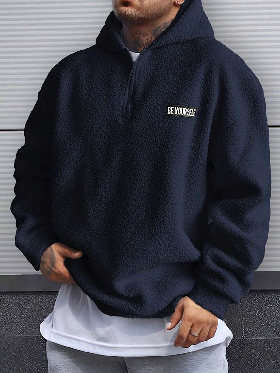 Manfinity Homme 男士字母貼片半拉鍊泰迪大號連帽衫 - 藏蓝色 - 查看 1
