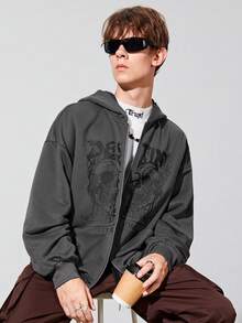 SHEIN Thiếu niên con trai Sọ Và Đồ họa Khẩu hiệu Dây kéo Áo nỉ có mũ - Xám - Xem 3