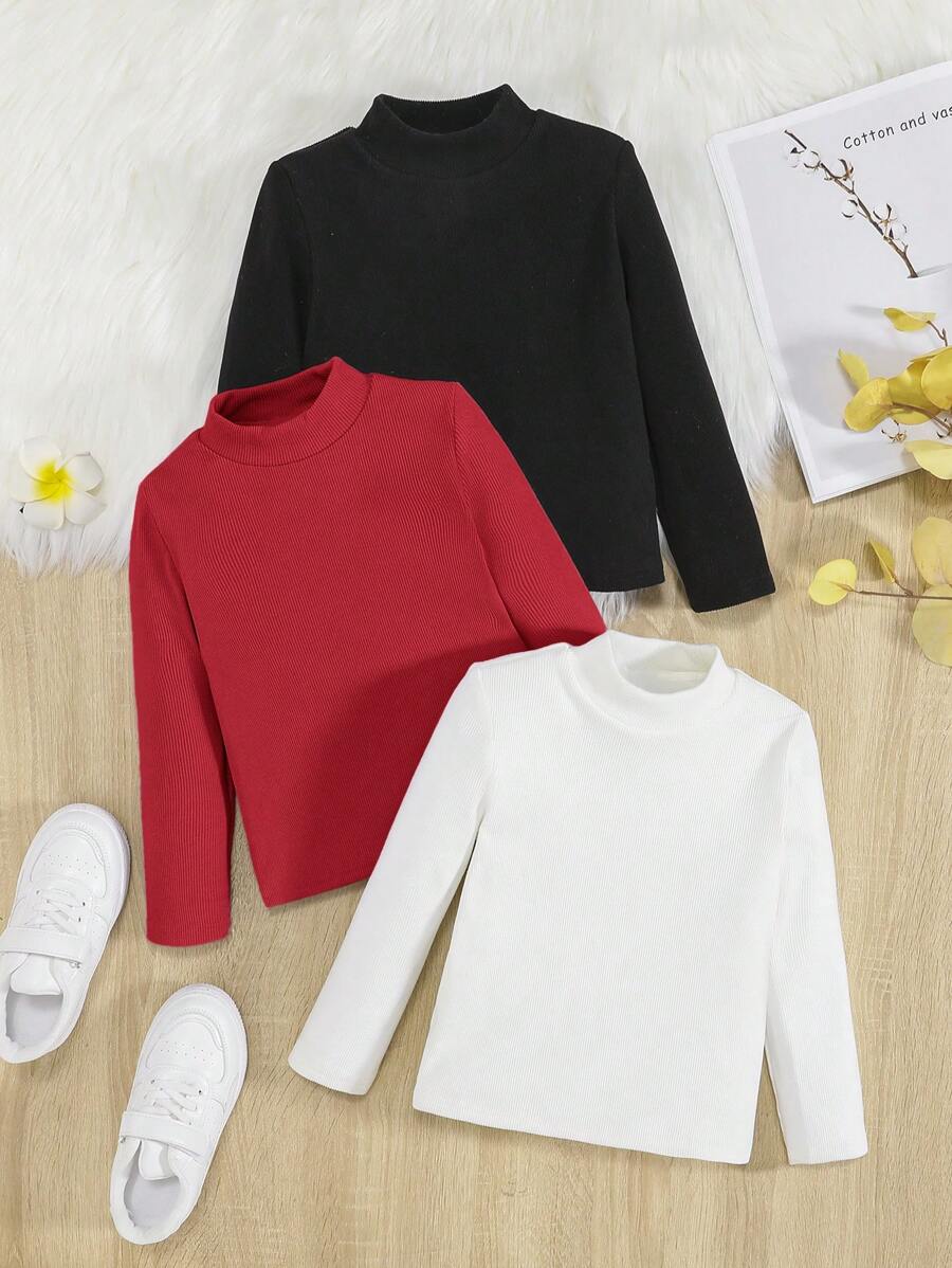 SHEIN Leap Crew 3pcs Young Girl Mock Neck Tee - Red - View 1
