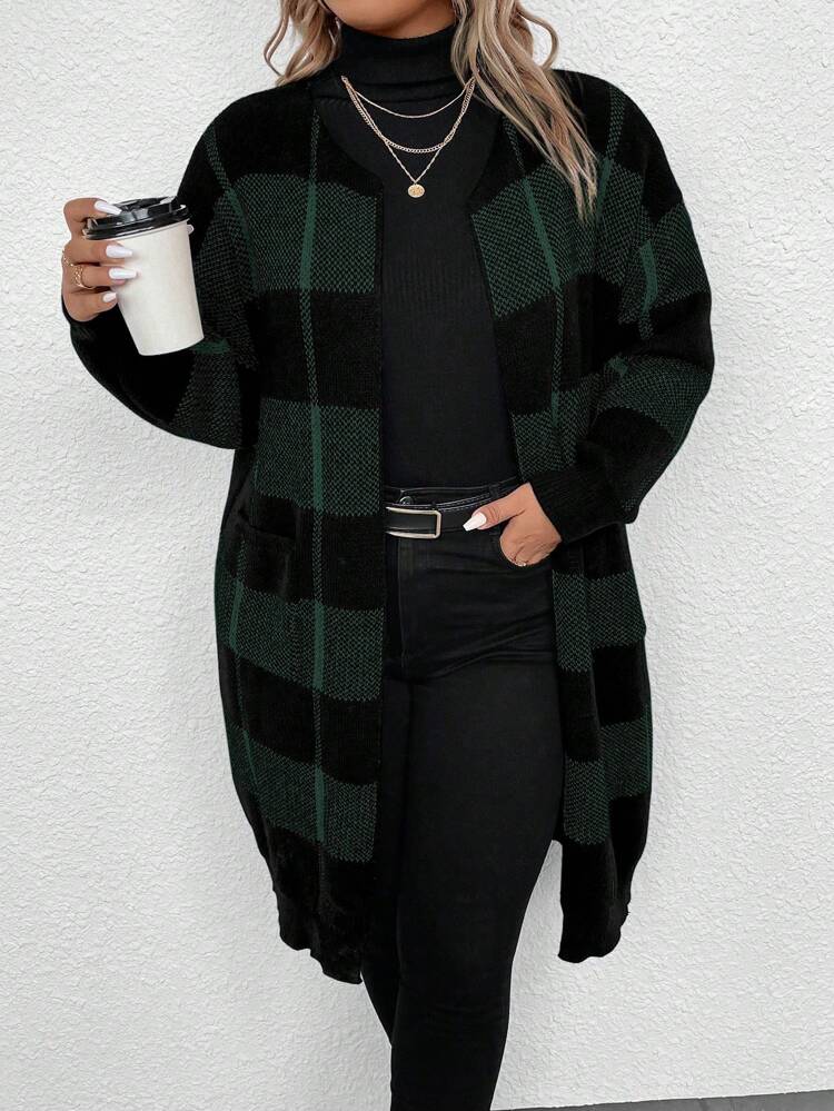 Plus Buffalo Plaid Pattern Drop Shoulder Duster Cardigan, For Winter Fall Cloth For Women