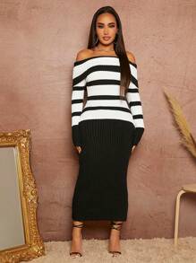 SHEIN SXY 條紋圖案一字肩緊身毛衣洋裝 - 黑與白 - 查看 4