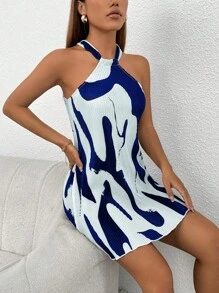 SHEIN PETITE Graphic Print Halter Neck Dress - Blue - View 3