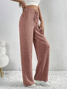 SHEIN Tall Pantalones de pierna ancha de cintura con cordón tejido de canalé - Rosa vieja - Ver 4