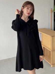 FRIFUL Chất rắn Viền Ruffle Tie Trước Đầm Áo len - màu đen - Xem 5