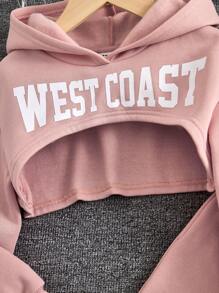 SHEIN Leap Crew Bộ 3 chiếc/Bộ áo nỉ chui đầu in chữ màu trơn cho bé gái tuổi mới lớn + áo ba lỗ dệt kim màu trơn + quần ống rộng dệt kim dày dặn - Hồng - Xem 5