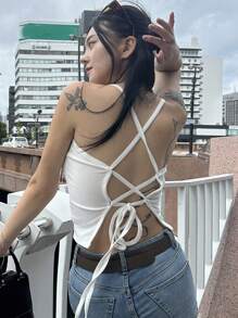 DAZY Solid Lace Up Backless Cami Top - White - View 2