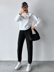 EURMUSE Solid Drawstring Waist Slant Pocket Sweatpants - Black - View 5