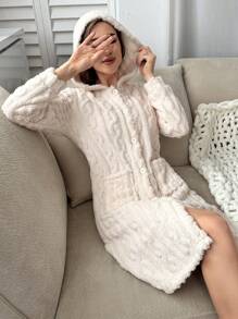 Túi Kép áo có mũ Flannelette Trường bào mặc nhà - Màu be - Xem 6