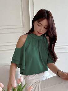 DAZY Chất rắn Lỗ khóa trở lại Vai lạnh Áo sơ mi - màu xanh lá - Xem 4