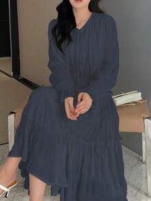 DAZY Tie Trước tay áo lá sen Xù Hoa Sen Đầm - Màu xám đen - Xem 3