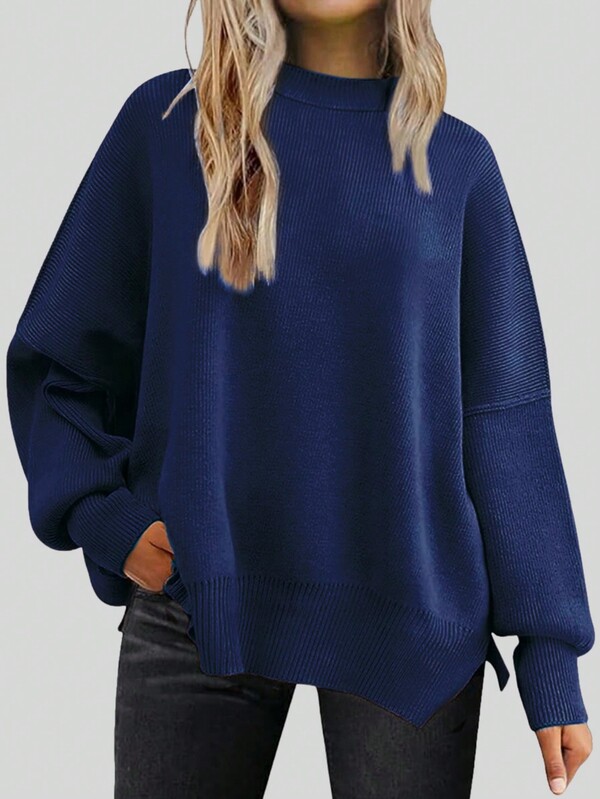 Einfarbiger Pullover mit Drop-Shoulder und Schlitzausschnitt, langärmliges Oberteil