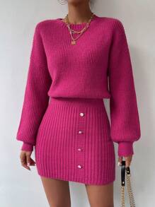 SHEIN LUNE Vestido de punto de hombros caídos tejido de canalé - Rosa Fucsia - Ver 6