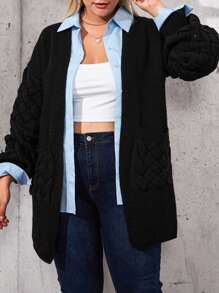SHEIN Cottnline Plus Size Drop Shoulder Cardigan - Black - View 6