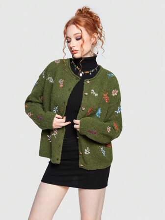 Hippie Leaf Pattern Drop Shoulder Cardigan