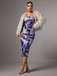 SHEIN BAE Christmas Graphic Print Tube Bodycon Dress - Purple - View 1