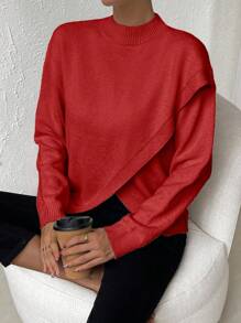 SHEIN LUNE Solid Drop Shoulder Wrap Cross Asymmetrical Hem Sweater - Red - View 5