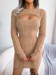 Cut Out Cable Knit Bodycon Sweater Dress - Khaki - View 3