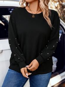 SHEIN LUNE Plus Pearls Beaded Drop Shoulder Sweatshirt - Black - View 6