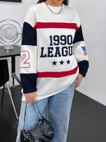 Flirla Talla grande Sudadera con estampado de letra de color combinado de hombros caídos