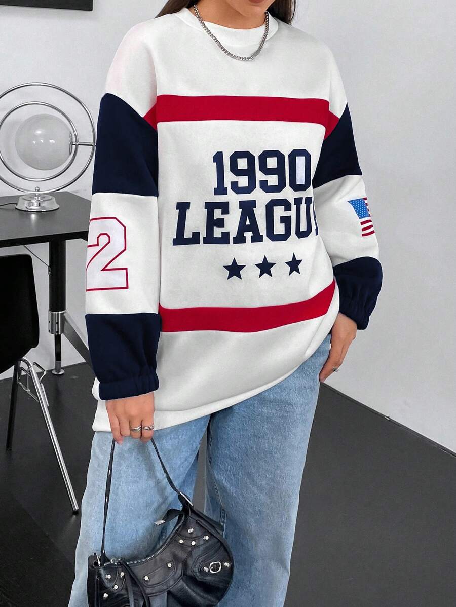 Flirla Talla grande Sudadera con estampado de letra de color combinado de hombros caídos