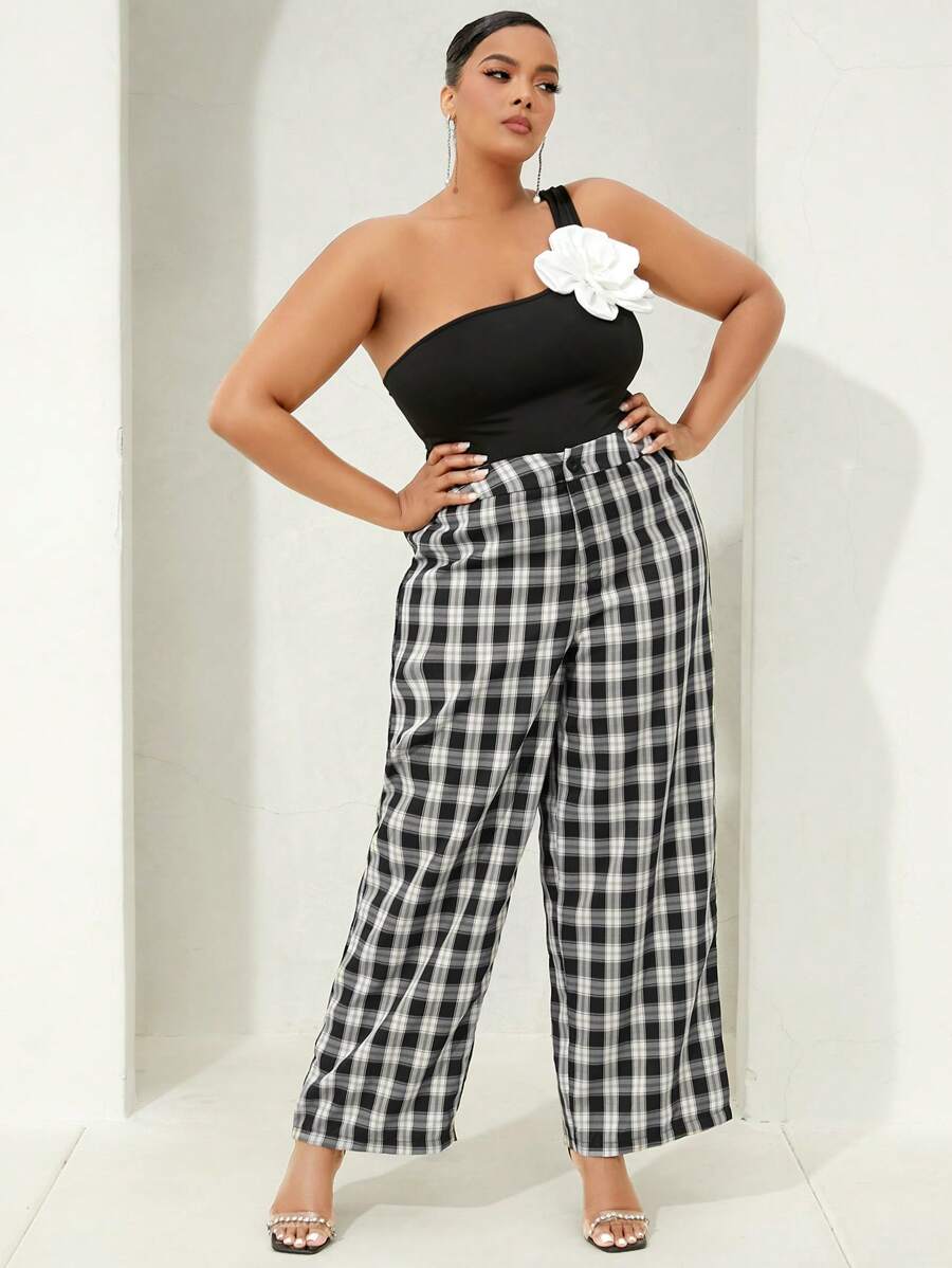 SHEIN SXY 大碼格紋印花闊腿褲 - 黑與白 - 查看 1