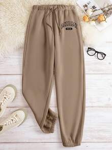 SHEIN EZwear Pantalones Jogger Con Estampado De Letras Y Dobladillo Elástico Para Mujeres - Caqui - Ver 3