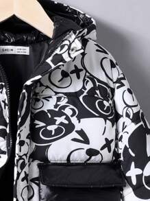 SHEIN 小男孩可愛黑白小熊印花寬鬆連帽外套撞色顯眼口袋適合秋冬 - 黑與白 - 查看 5