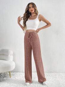 SHEIN Tall Pantalones de pierna ancha de cintura con cordón tejido de canalé - Rosa vieja - Ver 7