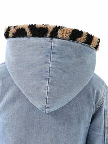 Young Girl Contrast Leopard Teddy Hooded Denim Jacket - Medium Wash - View 4