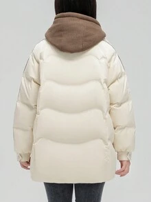 可拆卸連帽拉鏈開襟羽絨服 - 米色 - 查看 2