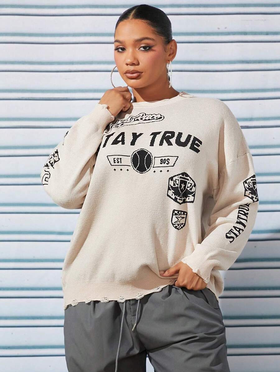 SHEIN SXY Plus Letter Graphic Drop Shoulder Distressed Trim Sweater - White - View 1