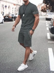 Manfinity Homme Nam Sọc trang trí Áo thun & Eo dây rút Quần short - Xám - Xem 1