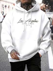 Manfinity Men Slogan Graphic Kangaroo Pocket Drawstring Hoodie - White - View 1