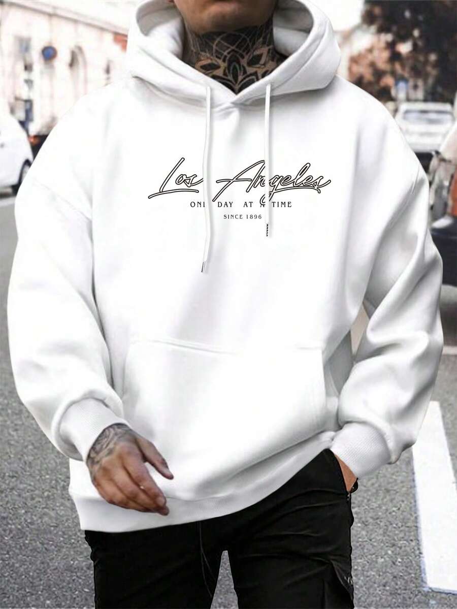 Manfinity Men Slogan Graphic Kangaroo Pocket Drawstring Hoodie - White - View 1