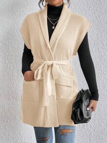 SHEIN Essnce 1入組青果領腰帶毛衣背心 - 米色 - 查看 7